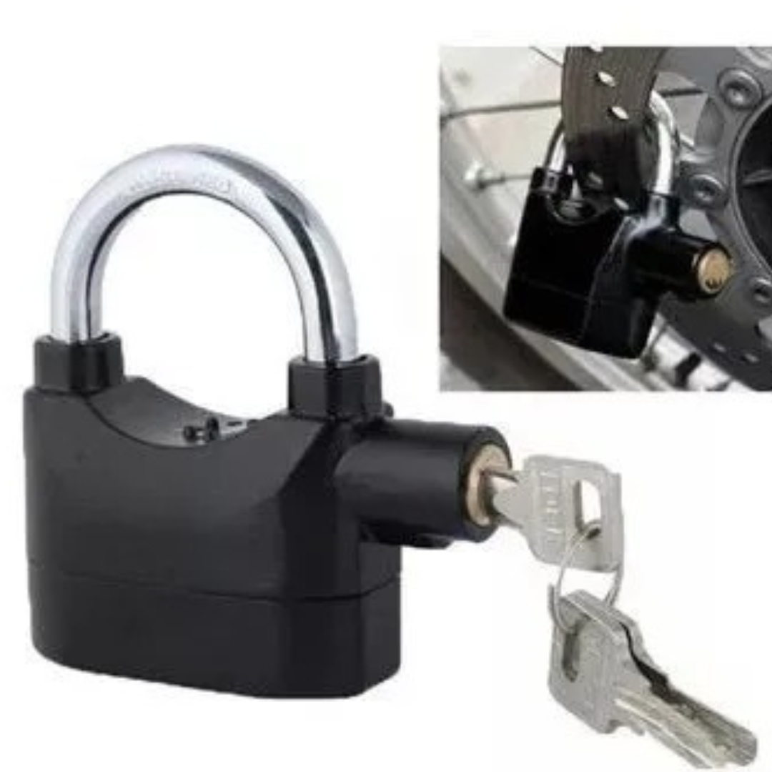 CANDADO CON ALARMA ANTIRROBO DE 110 dB PROTEGE MOTOS, BICIS, PORTONES Y MÁS