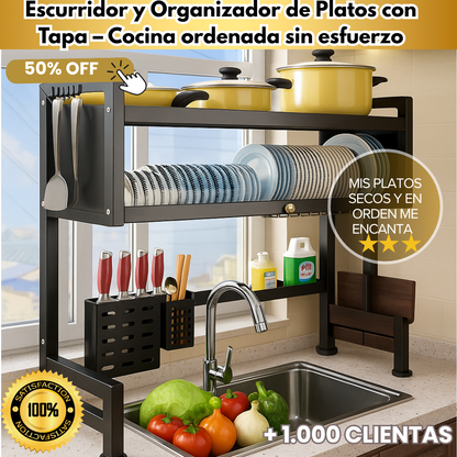 Escurridor y Organizador de Platos con Tapa – Cocina ordenada sin esfuerzo