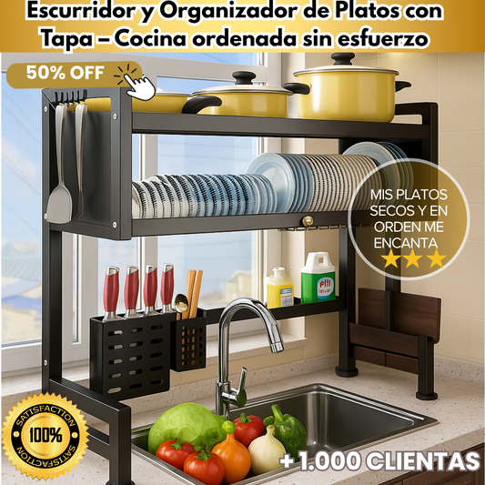 Escurridor y Organizador de Platos con Tapa – Cocina ordenada sin esfuerzo